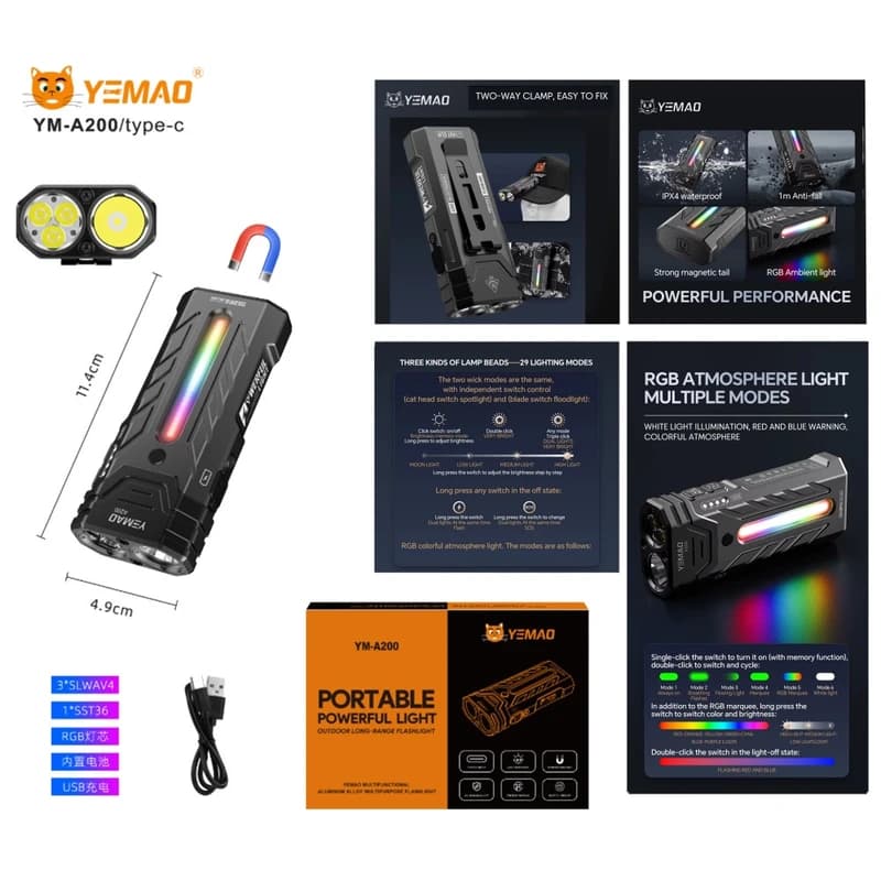Ліхтар YEMAO YM-A200-3SLWAV4+SST36+RGB, Li-Ion акумулятор, ЗУ Type-C, магніт — фото 2