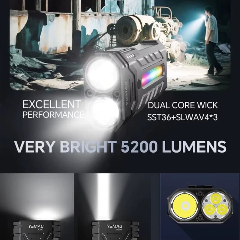 Ліхтар YEMAO YM-A200-3SLWAV4+SST36+RGB, Li-Ion акумулятор, ЗУ Type-C, магніт — фото 6