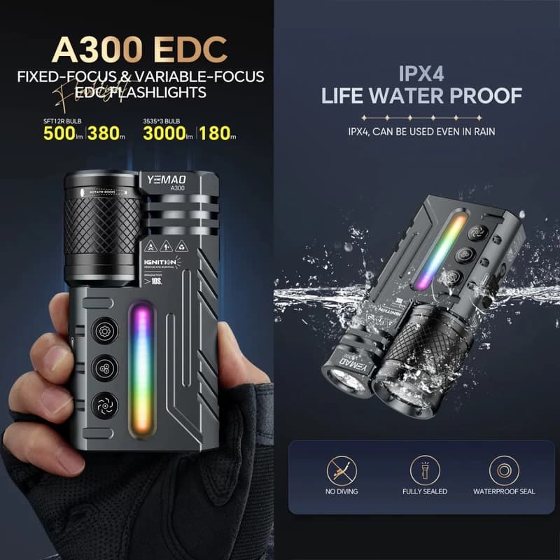 Ліхтар YEMAO YM-A300-SFT12R+3x3535+RGB, Li-Ion акумулятор, ЗУ Type-C, zoom — фото 10