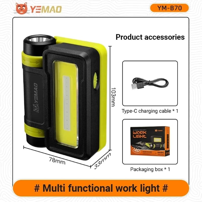 Ліхтар YEMAO YM-B70-XTE+COB(white+red+blue), Li-Ion акумулятор, Power Bank, ЗУ Type-C, магніт, IPX4 — фото 8