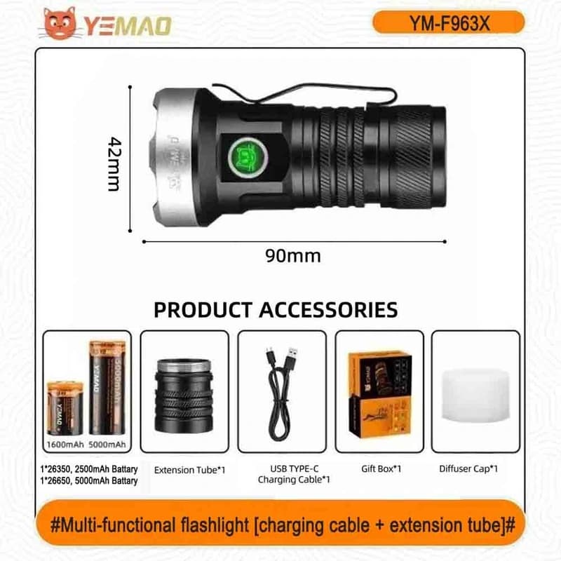 Ліхтар YEMAO YM-F963X-5XTE+4XPE, multi-color light, UV, 1x26650/26350, ЗУ Type-C, магніт, ковпачок — фото 2