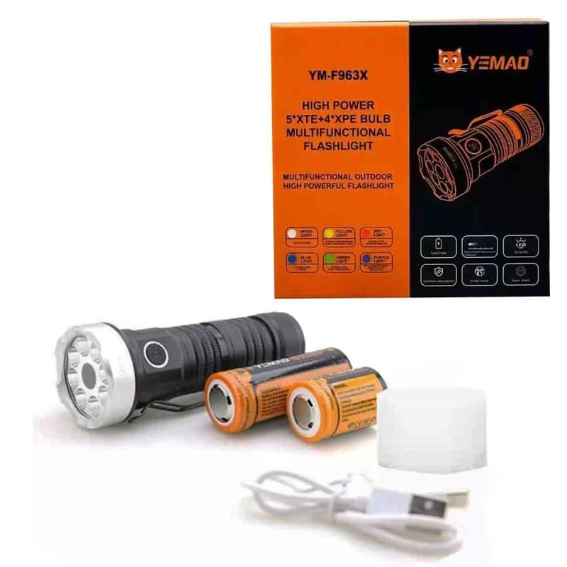 Ліхтар YEMAO YM-F963X-5XTE+4XPE, multi-color light, UV, 1x26650/26350, ЗУ Type-C, магніт, ковпачок — фото 10