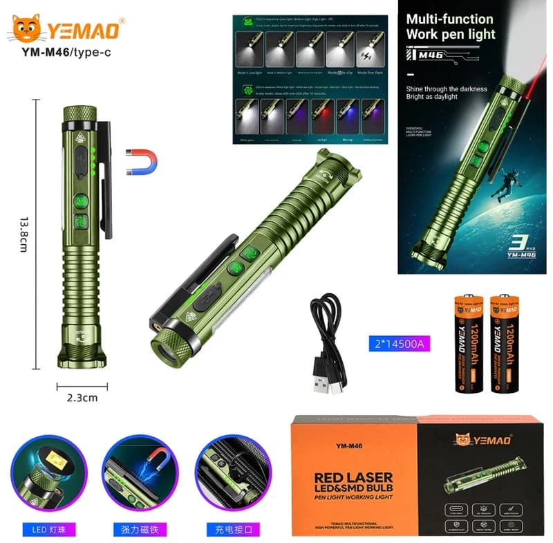Ліхтар YEMAO YM-M46-XPG+11SMD(white+red+blue+UV)+лазер(red), 1x14500/1xAA, ЗУ Type-C, магніт, відкривалка — фото 2