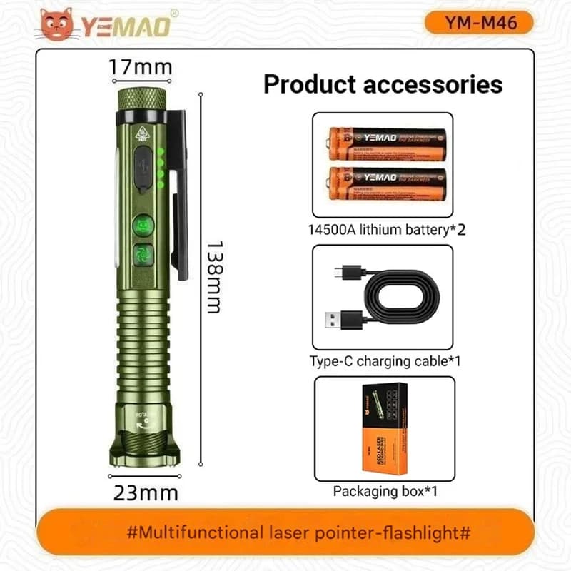 Ліхтар YEMAO YM-M46-XPG+11SMD(white+red+blue+UV)+лазер(red), 1x14500/1xAA, ЗУ Type-C, магніт, відкривалка — фото 7