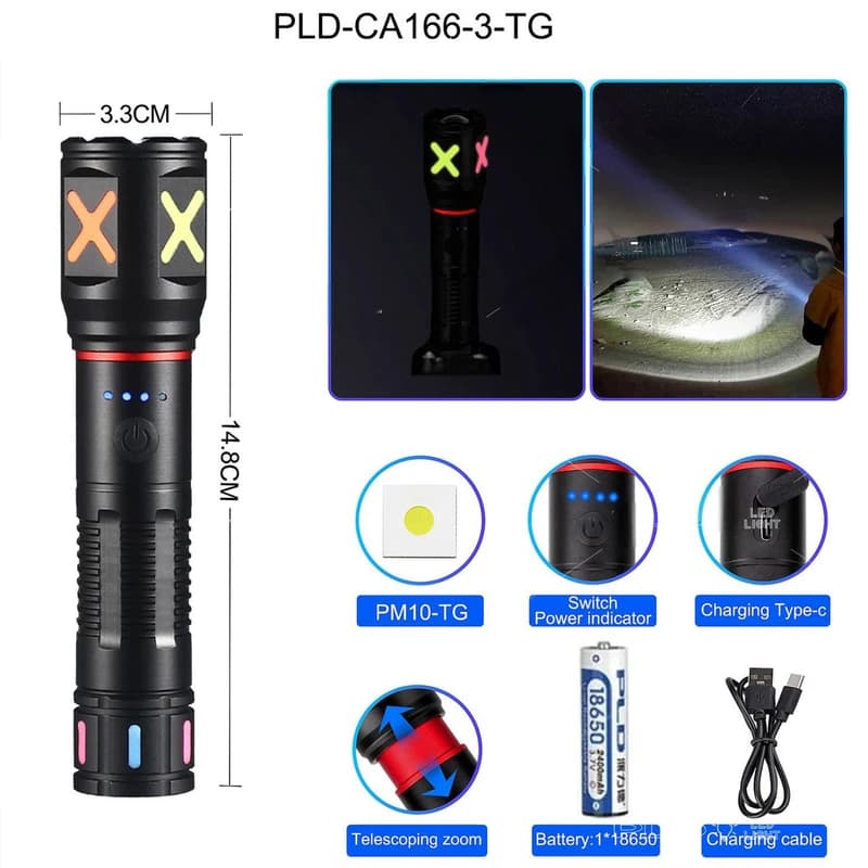Ліхтар PLD-CA166-3 1 РЕЖИМ WHITE LASER LED PM10-TG, 1х18650, індикація заряду, ЗУ Type-C, zoom, Box — фото 2