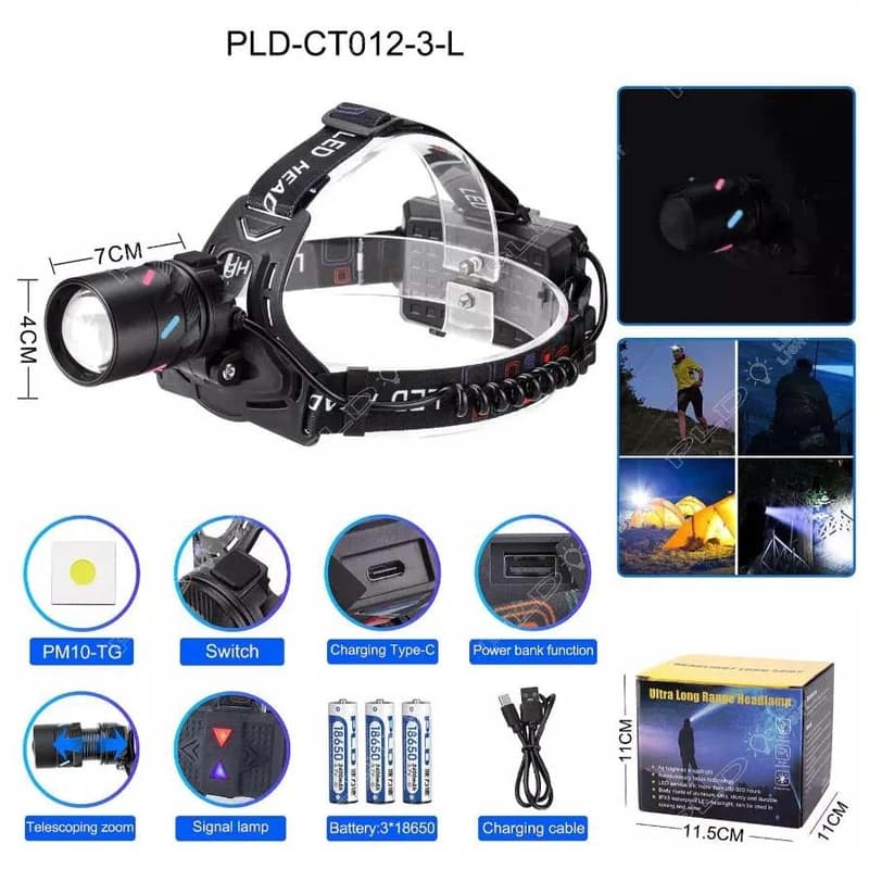 Ліхтар налобний NIGHT VISION FLUORESCENCE CT012-3L-TG, 1 РЕЖИМ, Power Bank, 3x18650, ЗП Type-C, zoom, Box — фото 1