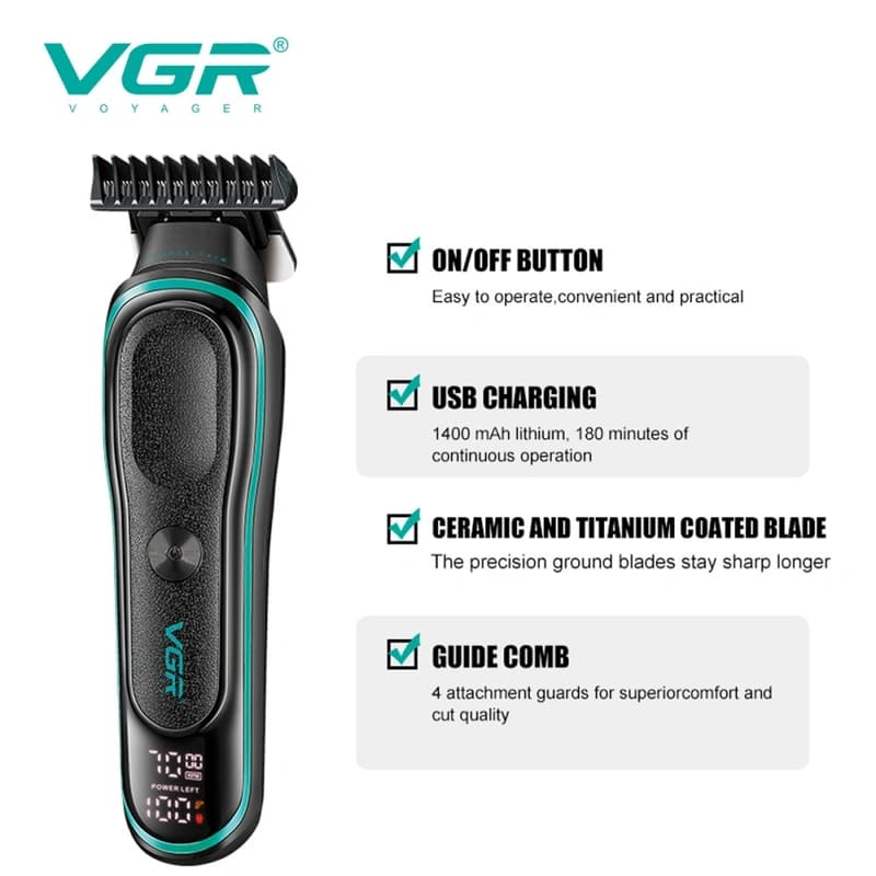 Машинка (триммер) для стрижки волосся VGR V-250 GREEN, LED Display, 6500-7000RPM — фото 5