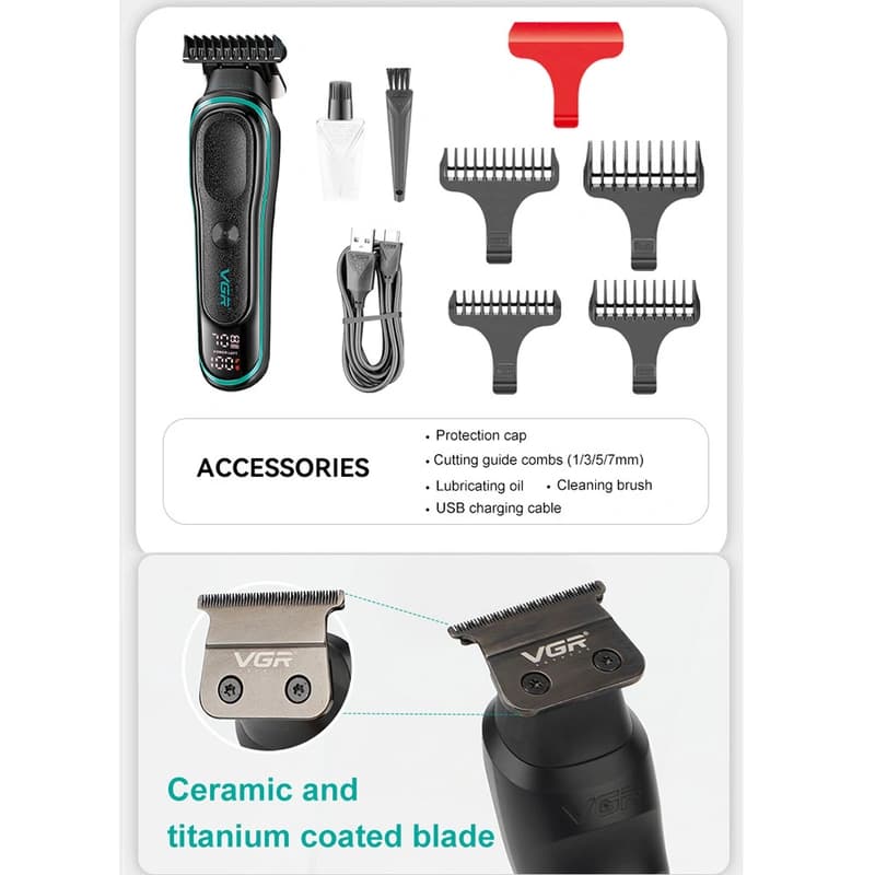 Машинка (триммер) для стрижки волосся VGR V-250 GREEN, LED Display, 6500-7000RPM — фото 9