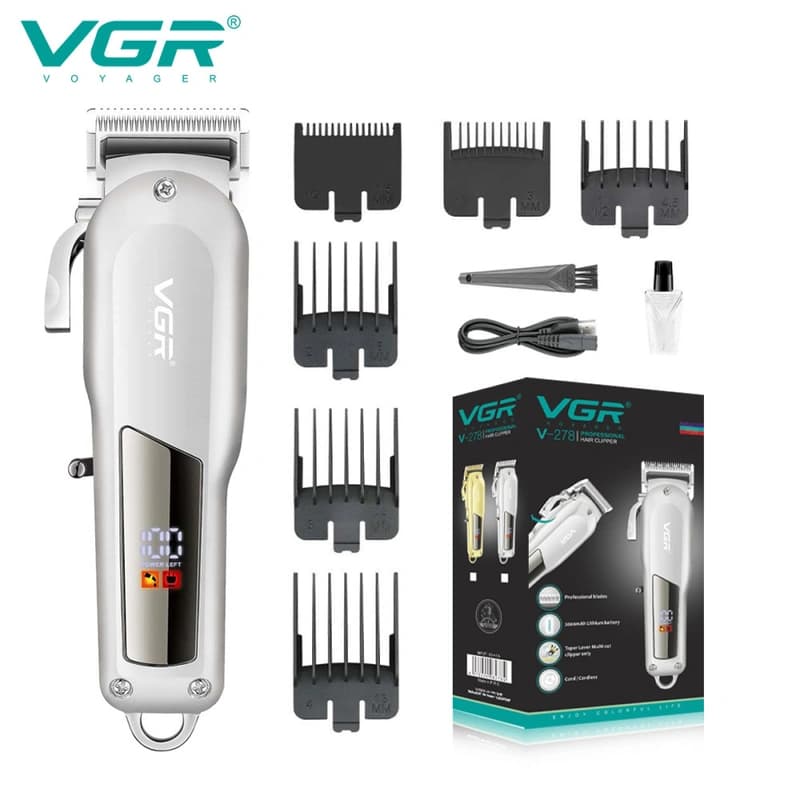 Машинка (триммер) для стрижки волосся VGR V-278 SILVER, Professional, 6 насадок, LED Display, STRONG BATTERY — фото 1