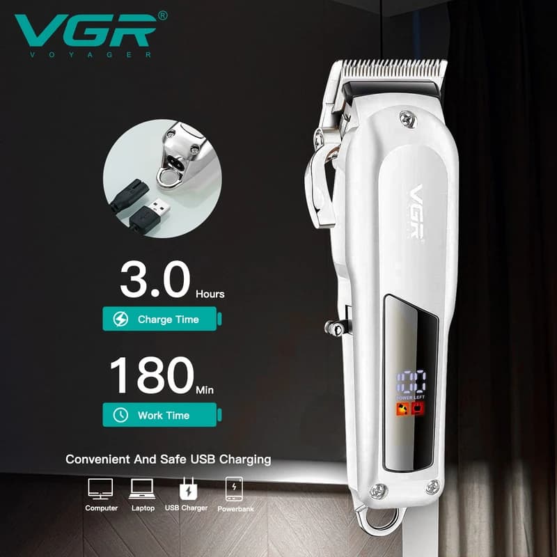 Машинка (триммер) для стрижки волосся VGR V-278 SILVER, Professional, 6 насадок, LED Display, STRONG BATTERY — фото 3