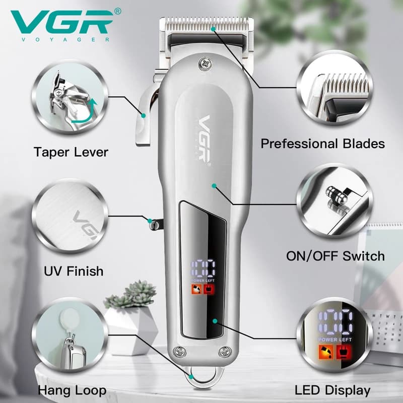 Машинка (триммер) для стрижки волосся VGR V-278 SILVER, Professional, 6 насадок, LED Display, STRONG BATTERY — фото 4