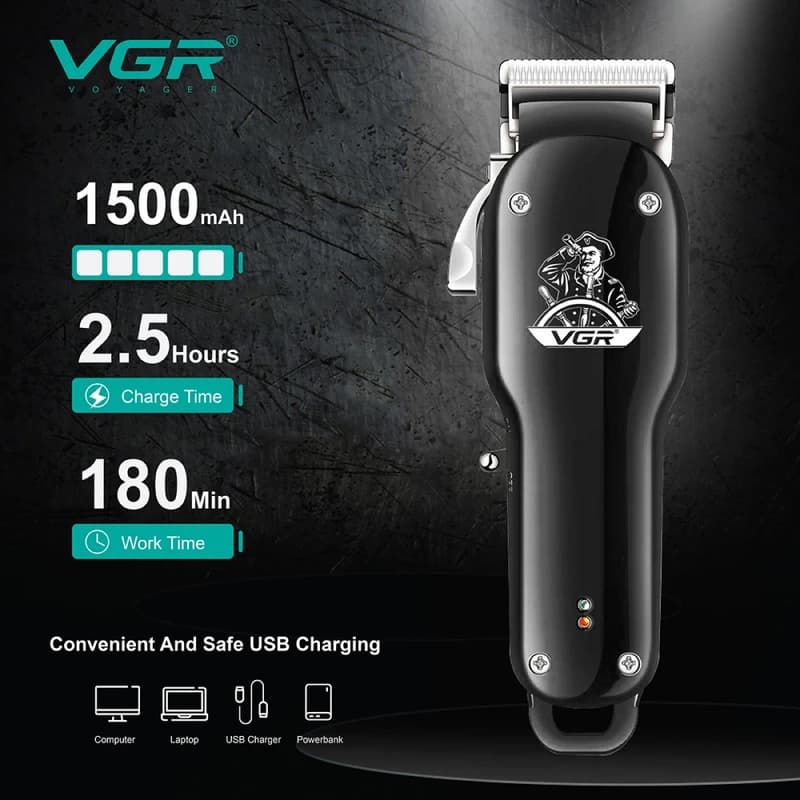 Акумуляторна машинка для стрижки (clipper) VGR V-679 BLACK, 4 насадки — фото 4
