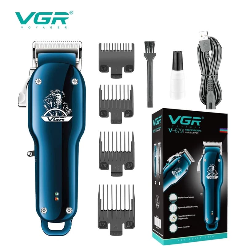 Акумуляторна машинка для стрижки (clipper) VGR V-679 BLUE, 4 насадки