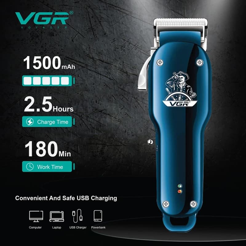 Акумуляторна машинка для стрижки (clipper) VGR V-679 BLUE, 4 насадки — фото 5