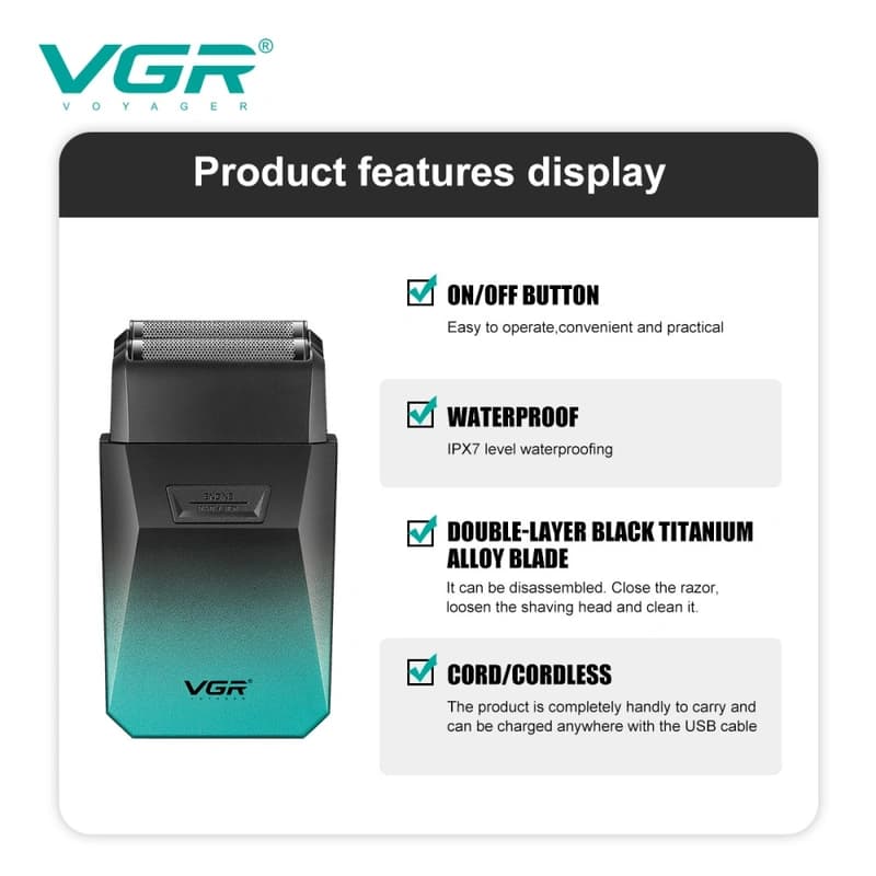 Електробритва VGR V-372 GREEN шейвер, подвійне лезо, 7500 RPM, IPX7 — фото 6