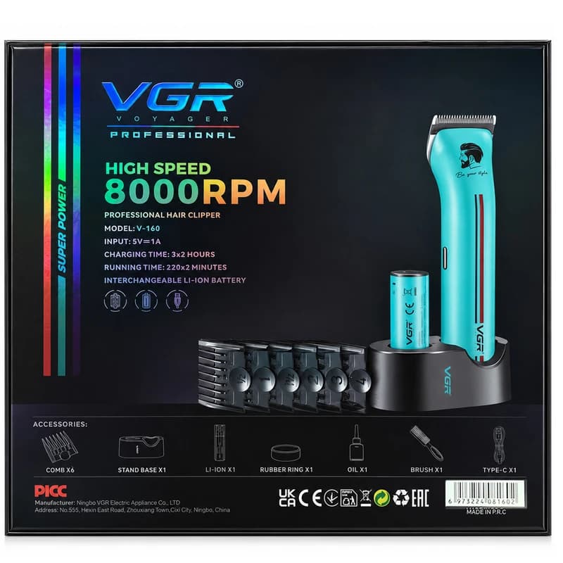 Акумуляторна машинка для стриження (clipper) VGR V-160 BLACK, 6 насадок, 8000RPM — фото 10