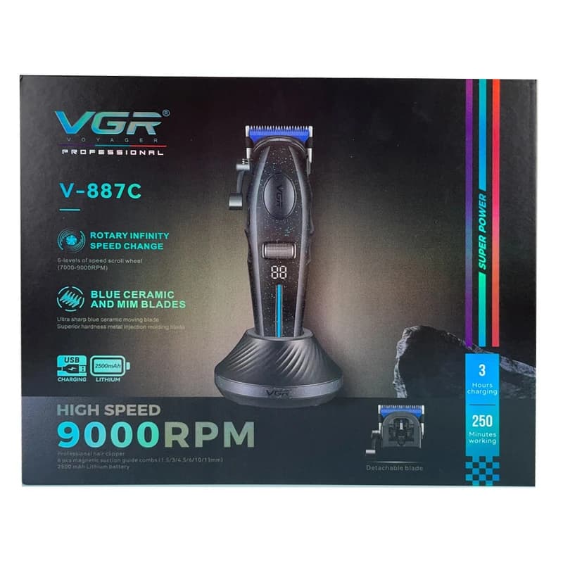 Акумуляторна машинка для стрижки (clipper) VGR V-887C BLACK, 6 насадок, 9000RPM — фото 3