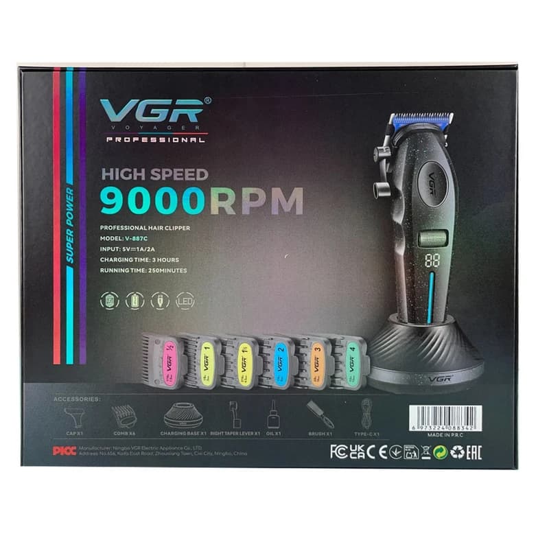 Акумуляторна машинка для стрижки (clipper) VGR V-887C BLACK, 6 насадок, 9000RPM — фото 4