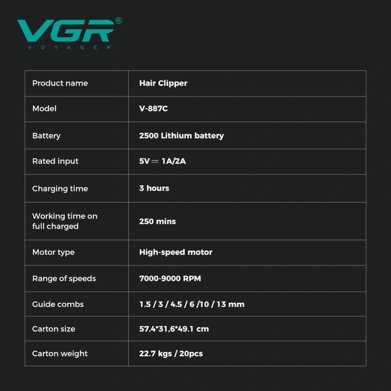 Акумуляторна машинка для стрижки (clipper) VGR V-887C BLACK, 6 насадок, 9000RPM — фото 6