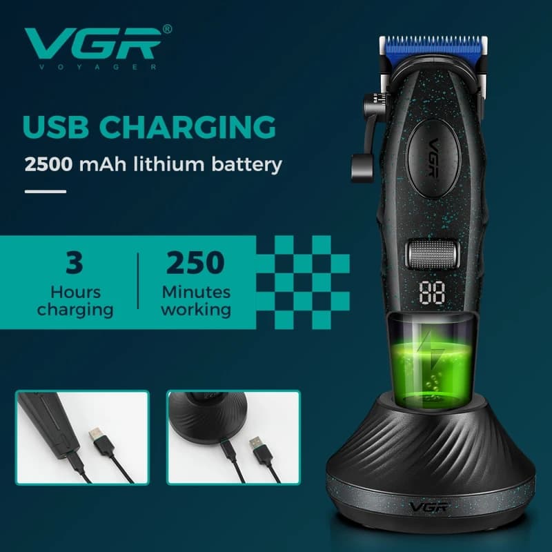 Акумуляторна машинка для стрижки (clipper) VGR V-887C BLACK, 6 насадок, 9000RPM — фото 7