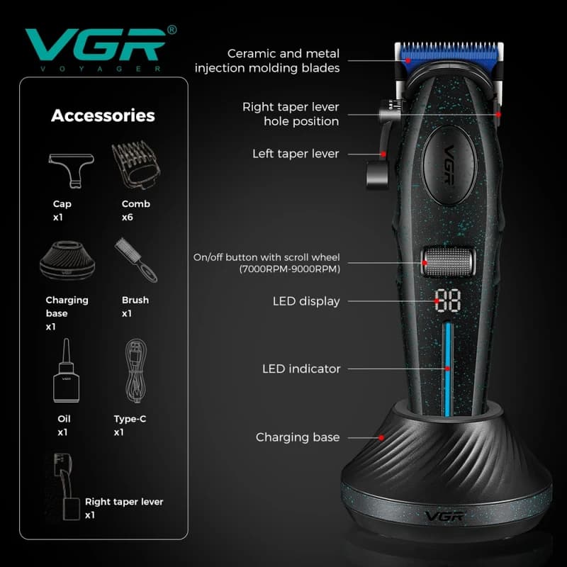 Акумуляторна машинка для стрижки (clipper) VGR V-887C BLACK, 6 насадок, 9000RPM — фото 8