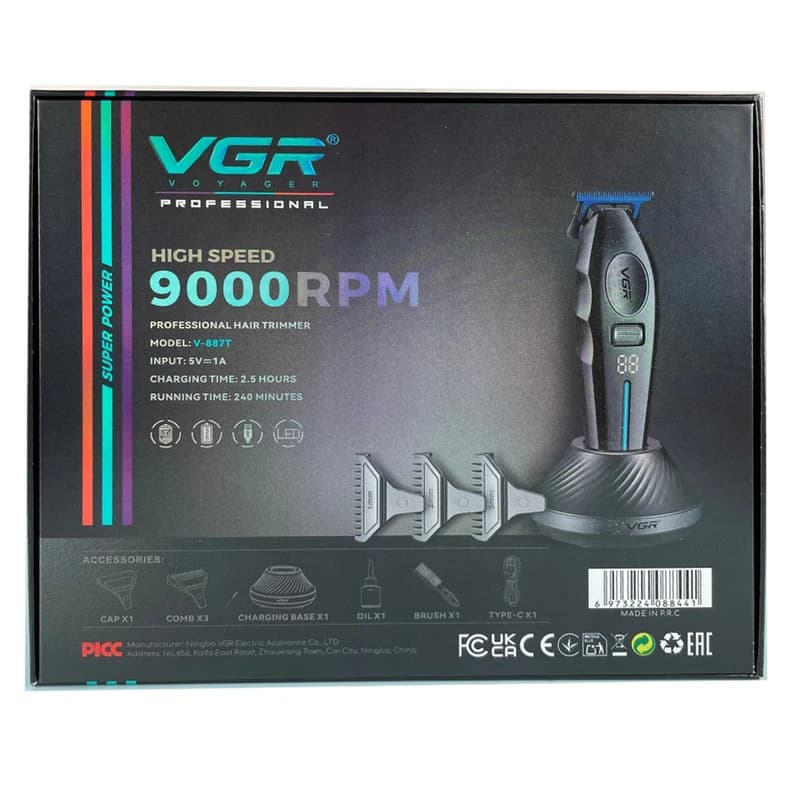 Машинка (триммер) для стрижки волосся VGR V-887T BLACK, 3 насадки, 9000RPM — фото 3