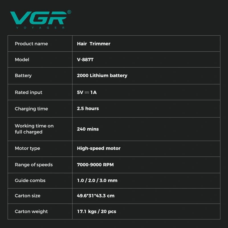 Машинка (триммер) для стрижки волосся VGR V-887T BLACK, 3 насадки, 9000RPM — фото 5