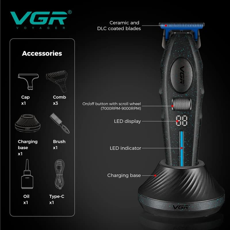 Машинка (триммер) для стрижки волосся VGR V-887T BLACK, 3 насадки, 9000RPM — фото 9