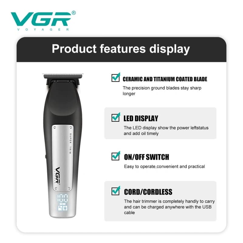 Машинка (триммер) для стрижки волосся VGR V-939 BLACK, 4 насадки, LED Display — фото 7