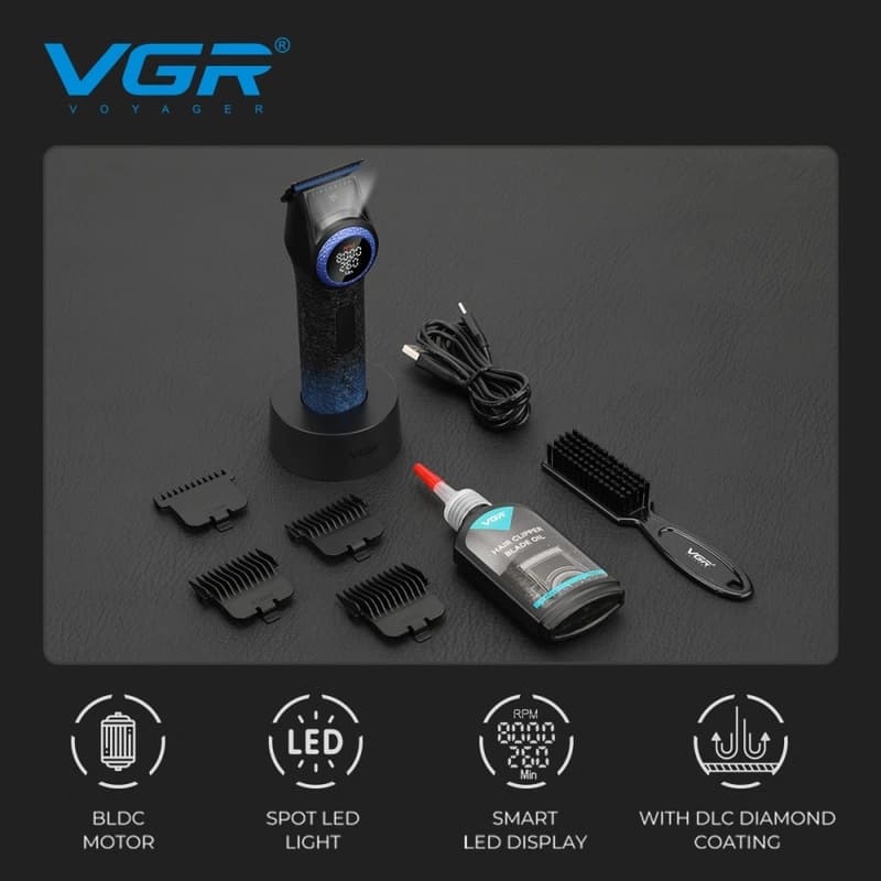 Триммер VGR V-977 BLUE, регулировка мощности 6000 - 8000 RPM, 2500 mAh, 4 насадки, LED display — фото 2