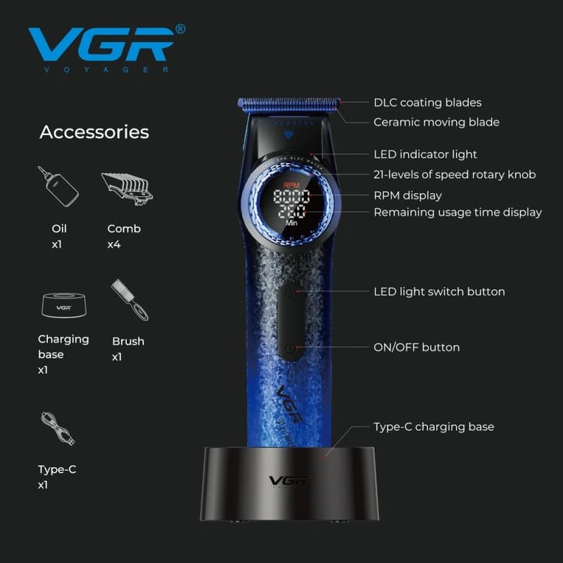 Триммер VGR V-977 BLUE, регулировка мощности 6000 - 8000 RPM, 2500 mAh, 4 насадки, LED display — фото 3