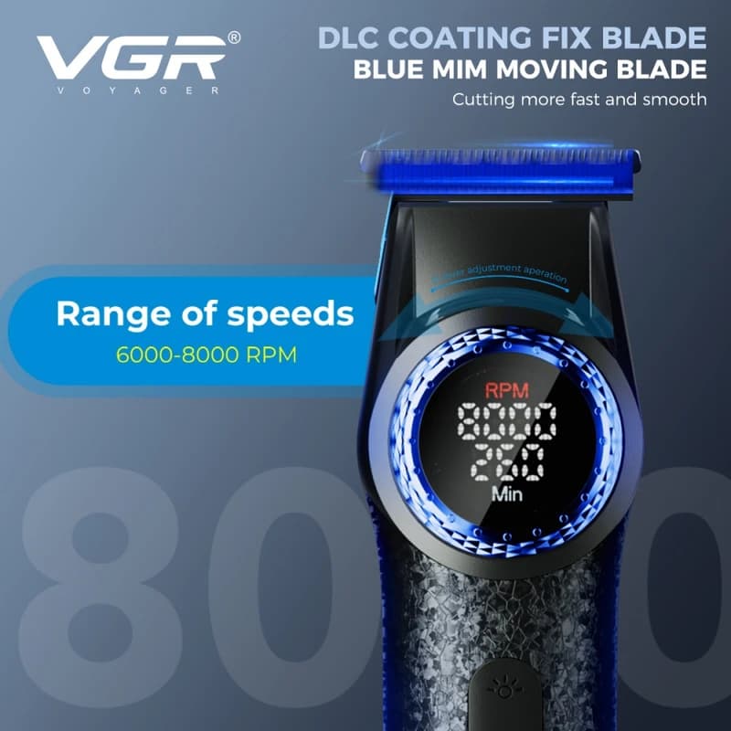 Триммер VGR V-977 BLUE, регулировка мощности 6000 - 8000 RPM, 2500 mAh, 4 насадки, LED display — фото 4