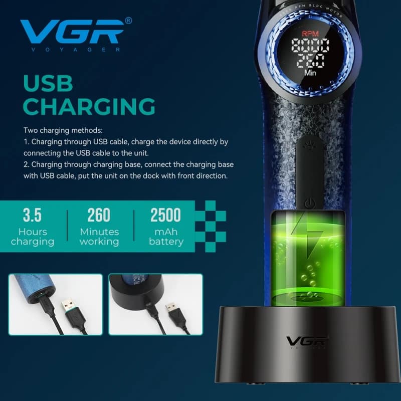 Триммер VGR V-977 BLUE, регулировка мощности 6000 - 8000 RPM, 2500 mAh, 4 насадки, LED display — фото 5