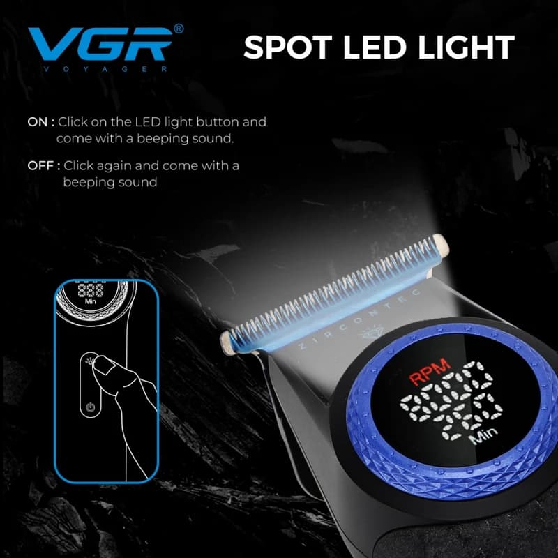 Триммер VGR V-977 BLUE, регулировка мощности 6000 - 8000 RPM, 2500 mAh, 4 насадки, LED display — фото 7