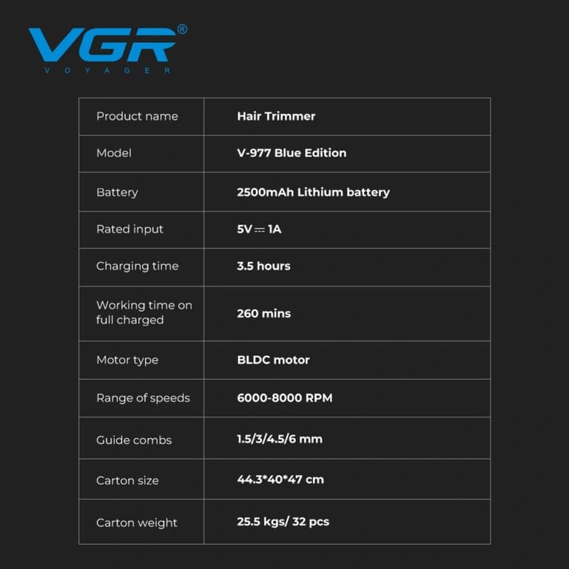 Триммер VGR V-977 BLUE, регулировка мощности 6000 - 8000 RPM, 2500 mAh, 4 насадки, LED display — фото 9