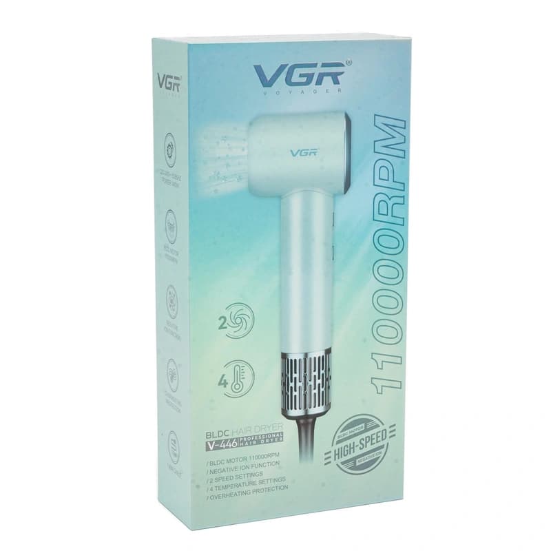 Фен професійний VGR V-446 GREEN, 2 швидкості, 4 температурні режими, 110000RPM, 1400 Вт — фото 3