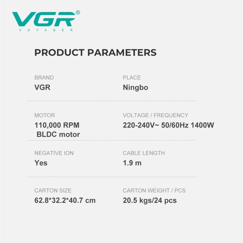 Фен професійний VGR V-446 PINK, 2 швидкості, 4 температурні режими, 110000RPM, 1400 Вт — фото 6