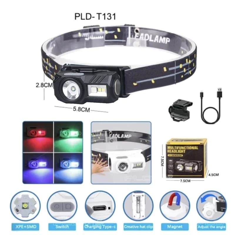 Ліхтар налобний T131-XPE+3SMD(Red+Green+Blue+UV), Motion Sensor, Li-Ion акумулятор, магніт, кліпса, ЗП Type-C, Box — фото 2