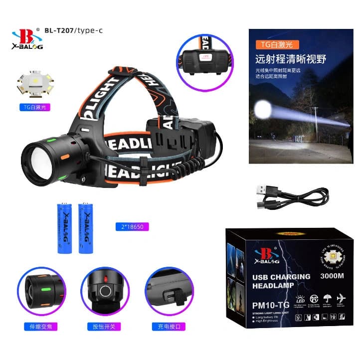 Ліхтар налобний NIGHT VISION FLUORESCENCE BL-T207-TG, 1 РЕЖИМ, 2x18650, ЗП Type-C, zoom — фото 2
