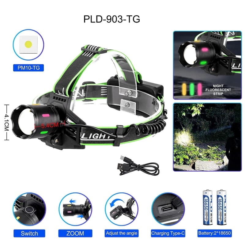 Ліхтар налобний NIGHT VISION FLUORESCENCE PLD-903-TG, 1 РЕЖИМ, 2x18650, ЗП Type-C, zoom — фото 2