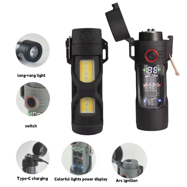 Ліхтар MULTIFUNCTIONAL D66-COB, Li-Ion акумулятор, індикація заряду, запальничка, ЗП Type-C, Box — фото 2