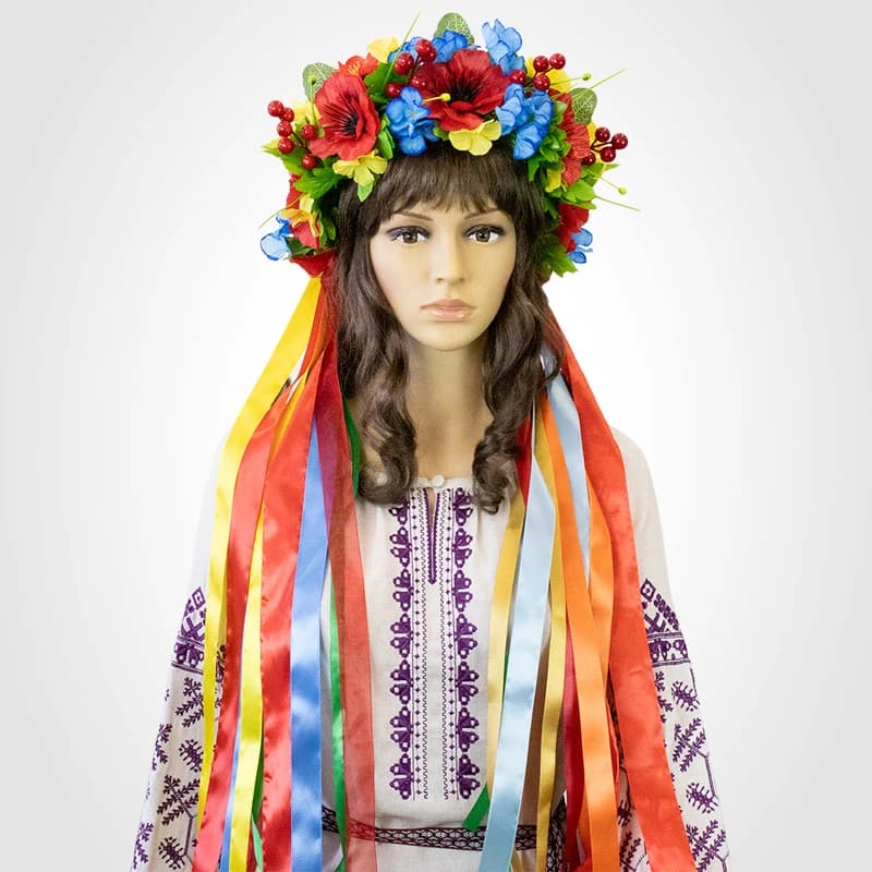 Український віночок об'ємний зі стрічками на голову Василина 13705 — фото 3