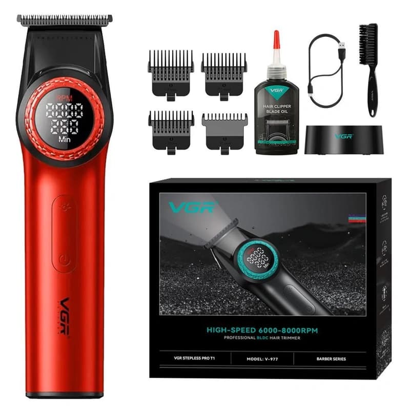 Тример VGR V-977 RED, регулювання потужності 6000 - 8000 RPM, 2500 mAh, 4 насадки, LED display